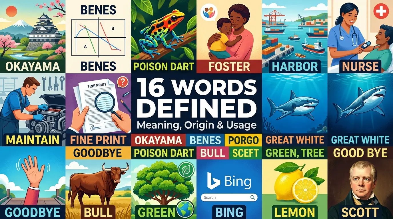 Vocabulary guide — definitions for OKAYAMA, BENES, POISON DART, FOSTER, HARBOR, NURSE, MAINTAIN, FINE PRINT, GREAT WHITE, GOODBYE, BULL, GREEN, TREE, BING, LEMON, SCOTT