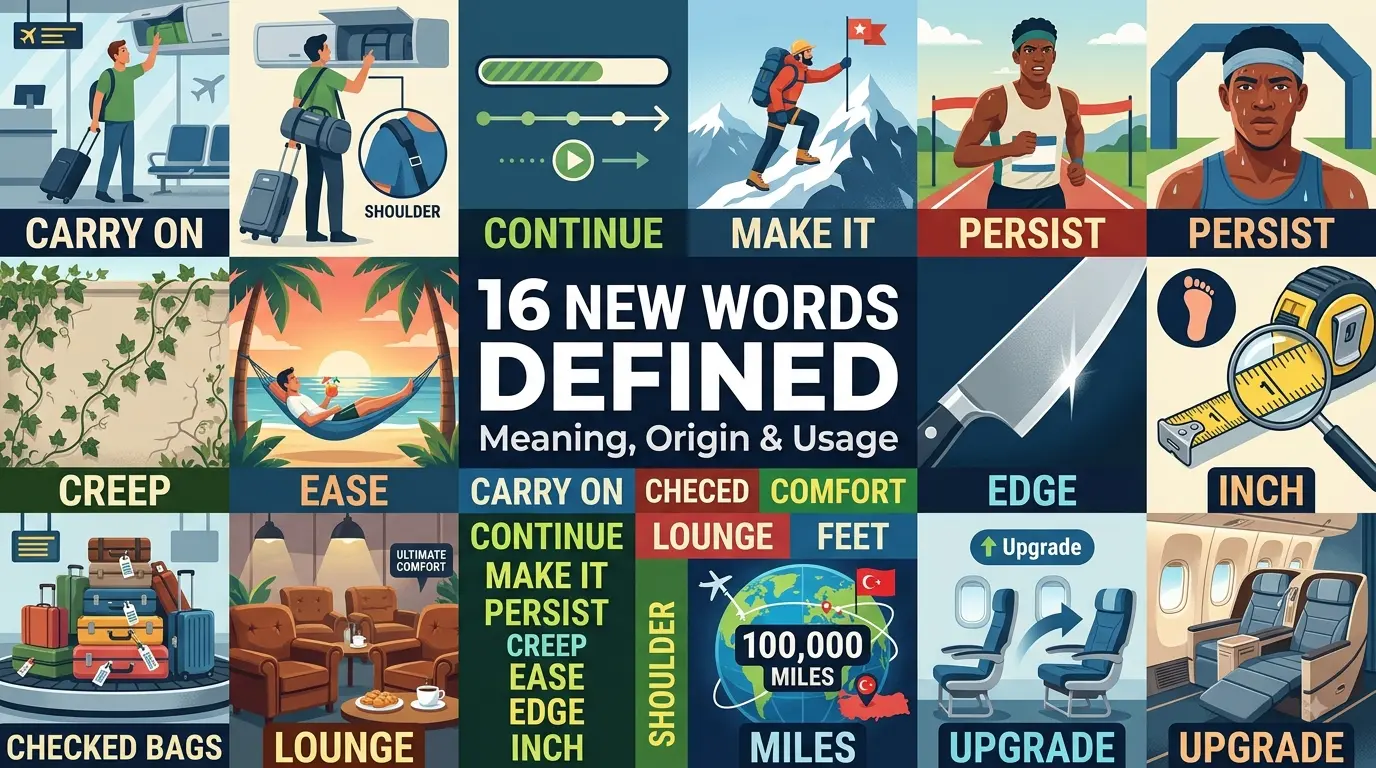 Vocabulary guide — definitions for CARRY ON, CONTINUE, MAKE IT, PERSIST, CREEP, EASE, EDGE, INCH, CHECKED BAGS, LOUNGE, MILES, UPGRADE, COMFORT, FEET, SHOULDER, TURKEY