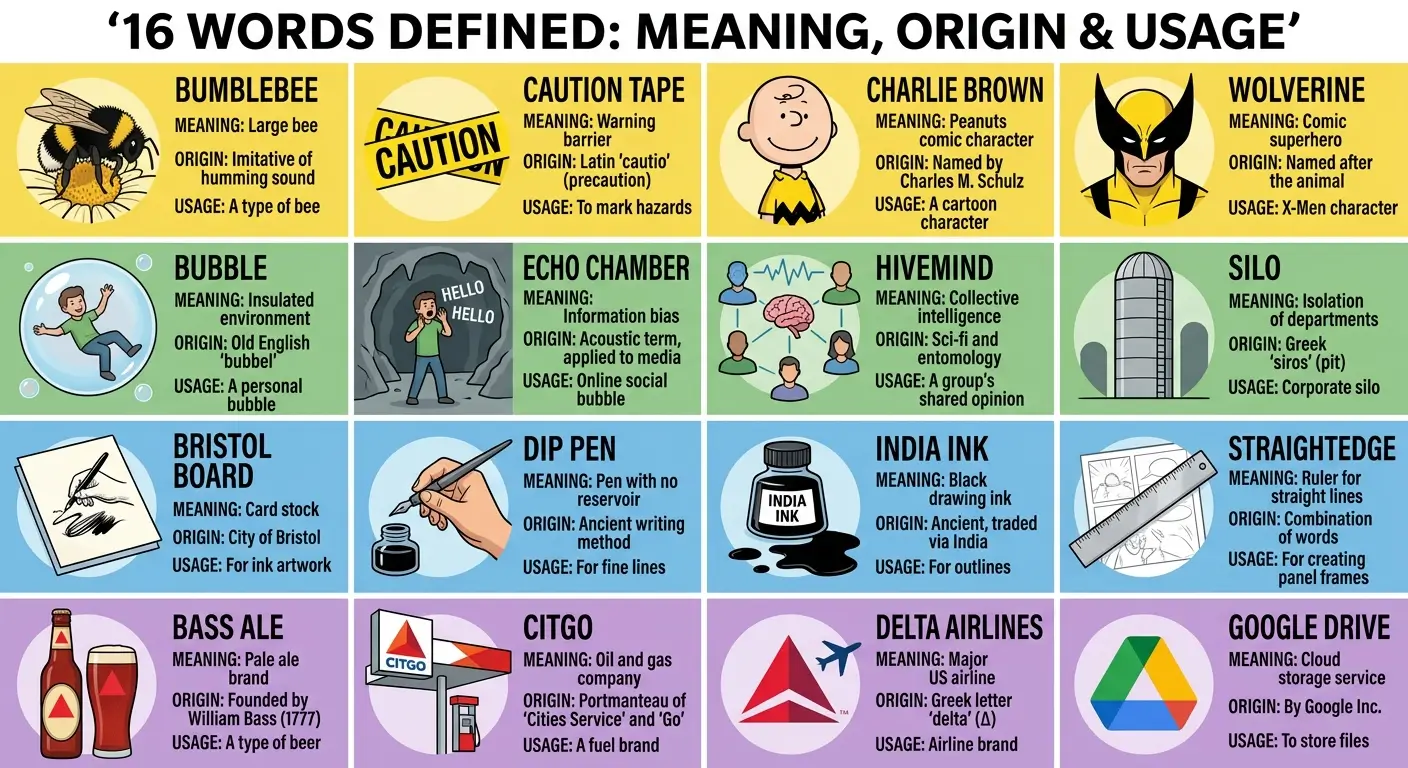 Vocabulary guide — definitions for BUMBLEBEE, CAUTION TAPE, CHARLIE BROWN, WOLVERINE, BUBBLE, ECHO CHAMBER, HIVEMIND, SILO, BRISTOL BOARD, DIP PEN, INDIA INK, STRAIGHTEDGE, BASS ALE, CITGO, DELTA AIRLINES, GOOGLE DRIVE