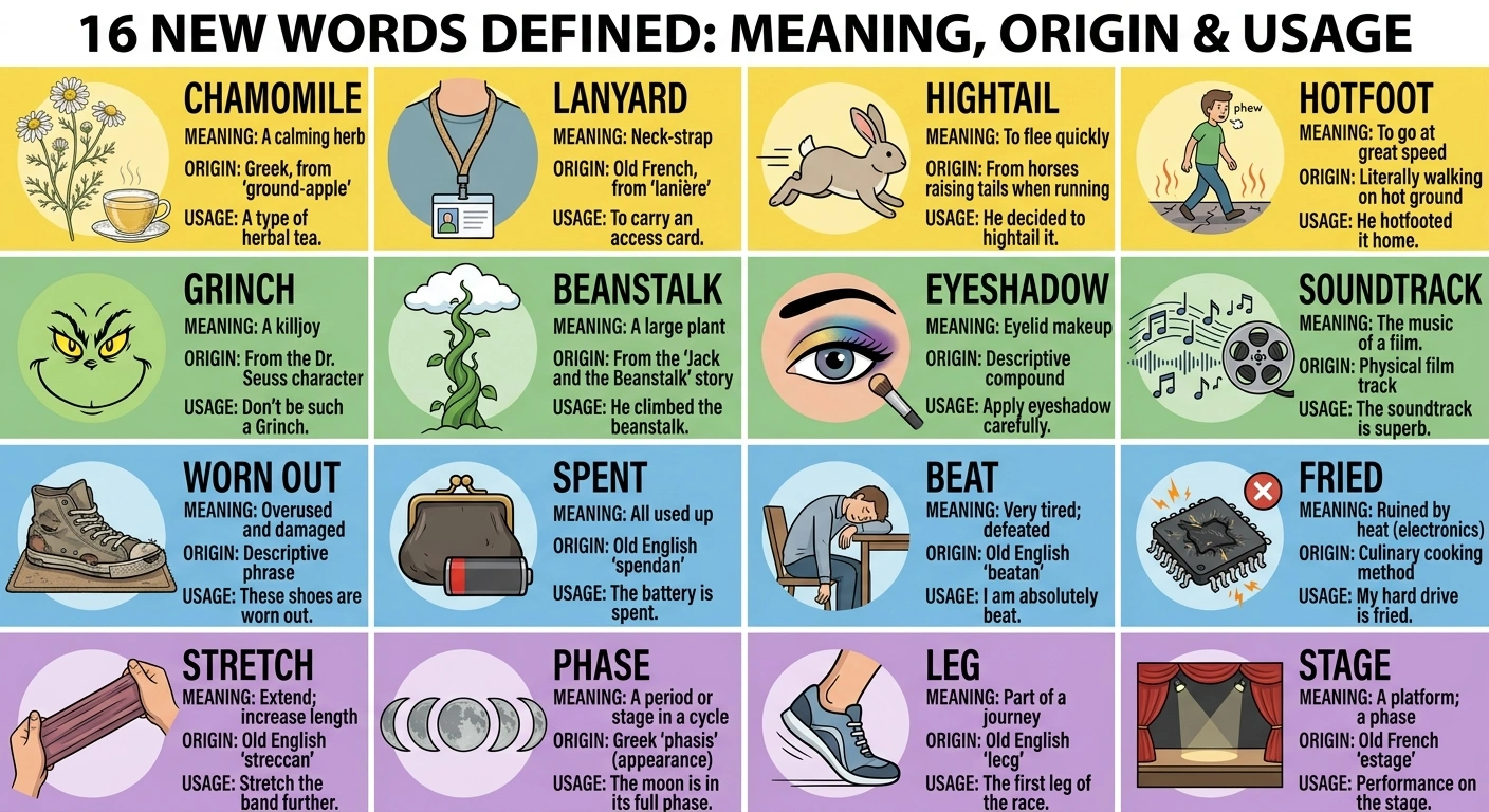 Vocabulary guide — definitions for BEAT, FRIED, SPENT, WORN OUT, LEG, PHASE, STAGE, STRETCH, CHAMOMILE, GRINCH, HOTFOOT, LANYARD, BEANSTALK, EYESHADOW, HIGHTAIL, SOUNDTRACK