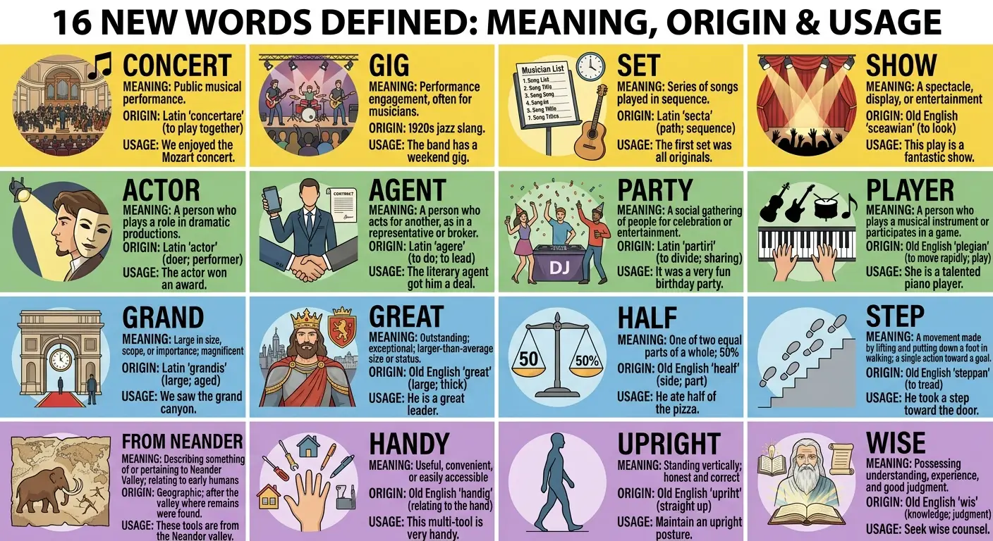 Vocabulary guide — definitions for CONCERT, GIG, SET, SHOW, ACTOR, AGENT, PARTY, PLAYER, GRAND, GREAT, HALF, STEP, FROM NEANDER, HANDY, UPRIGHT, WISE