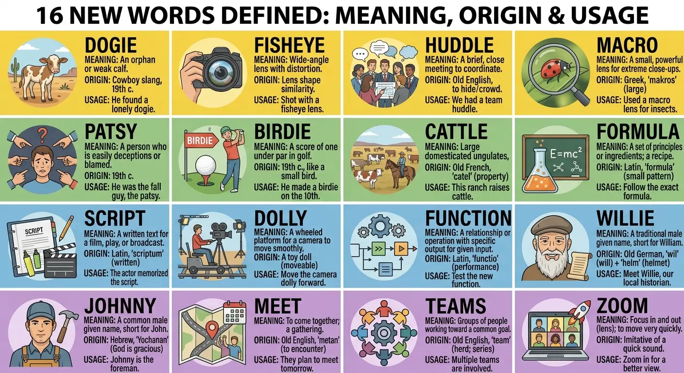 Vocabulary guide — definitions for HUDDLE, MEET, TEAMS, ZOOM, FORMULA, FUNCTION, MACRO, SCRIPT, DOLLY, JOHNNY, PATSY, WILLIE, BIRDIE, CATTLE, DOGIE, FISHEYE