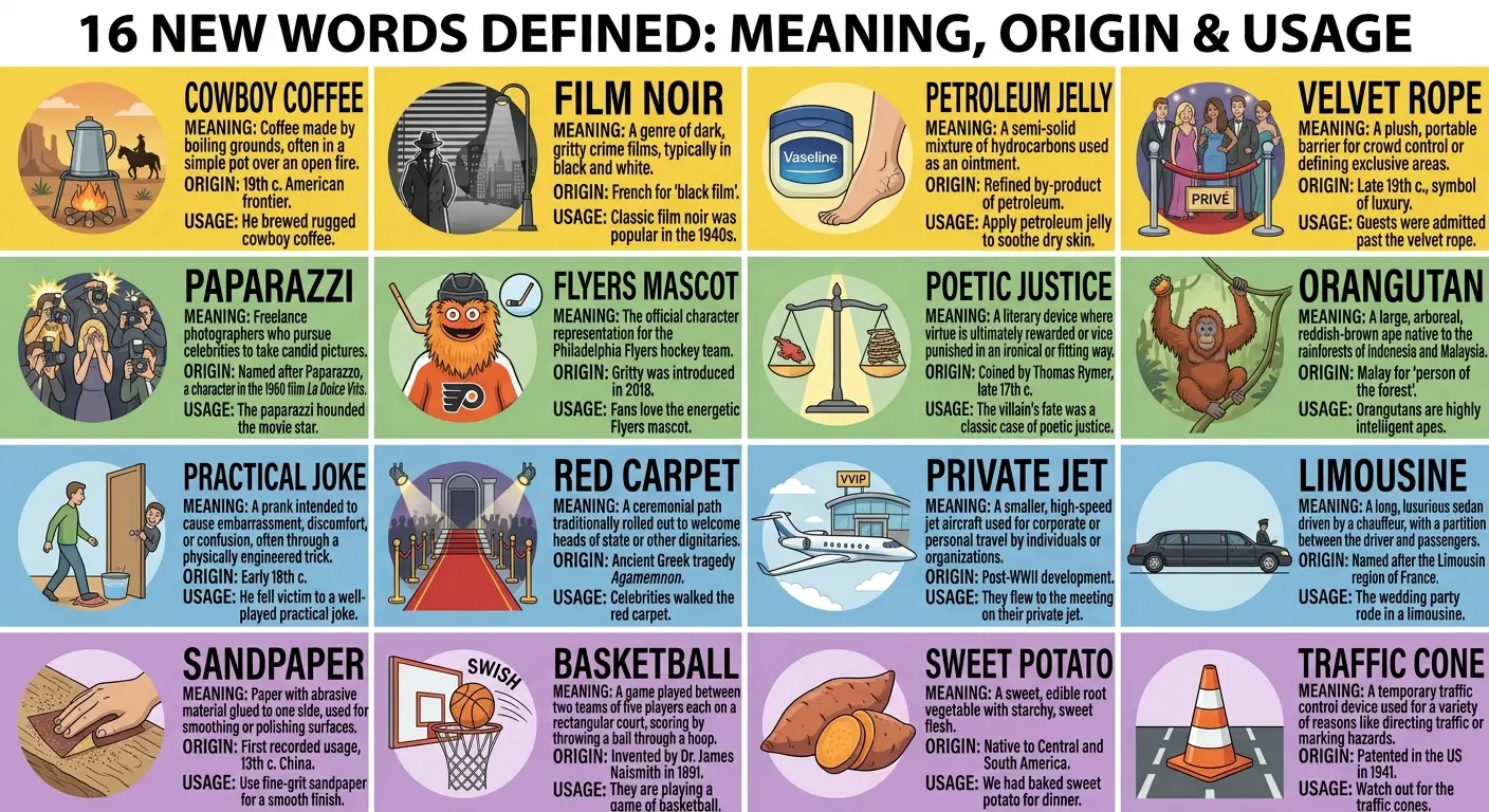 Vocabulary guide — definitions for LIMOUSINE, PAPARAZZI, RED CARPET, VELVET ROPE, PETROLEUM JELLY, POETIC JUSTICE, PRACTICAL JOKE, PRIVATE JET, BASKETBALL, ORANGUTAN, SWEET POTATO, TRAFFIC CONE, COWBOY COFFEE, FILM NOIR, FLYERS MASCOT, SANDPAPER