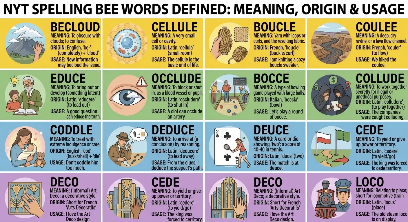 NYT Spelling Bee August 16 2026 — word definitions for BECLOUD, CELLULE, BOUCLE, COULEE, EDUCE, OCCLUDE, BOCCE, COLLUDE, CODDLE, DEDUCE, and all 52 answers