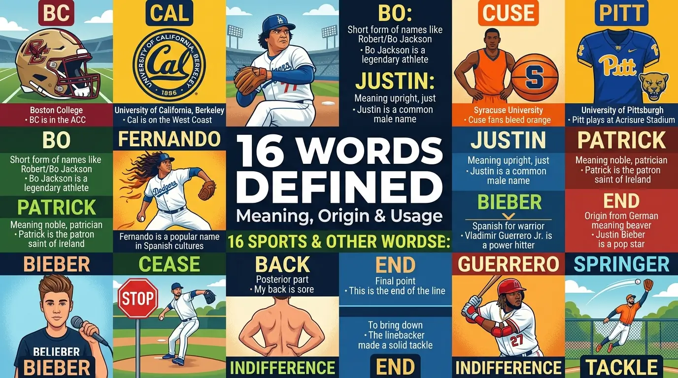 Vocabulary guide — definitions for INDIFFERENCE, CUSE, GUERRERO, CEASE, BIEBER, SPRINGER, FERNANDO, PITT, BC, CAL, BO, JUSTIN, PATRICK, BACK, END, TACKLE