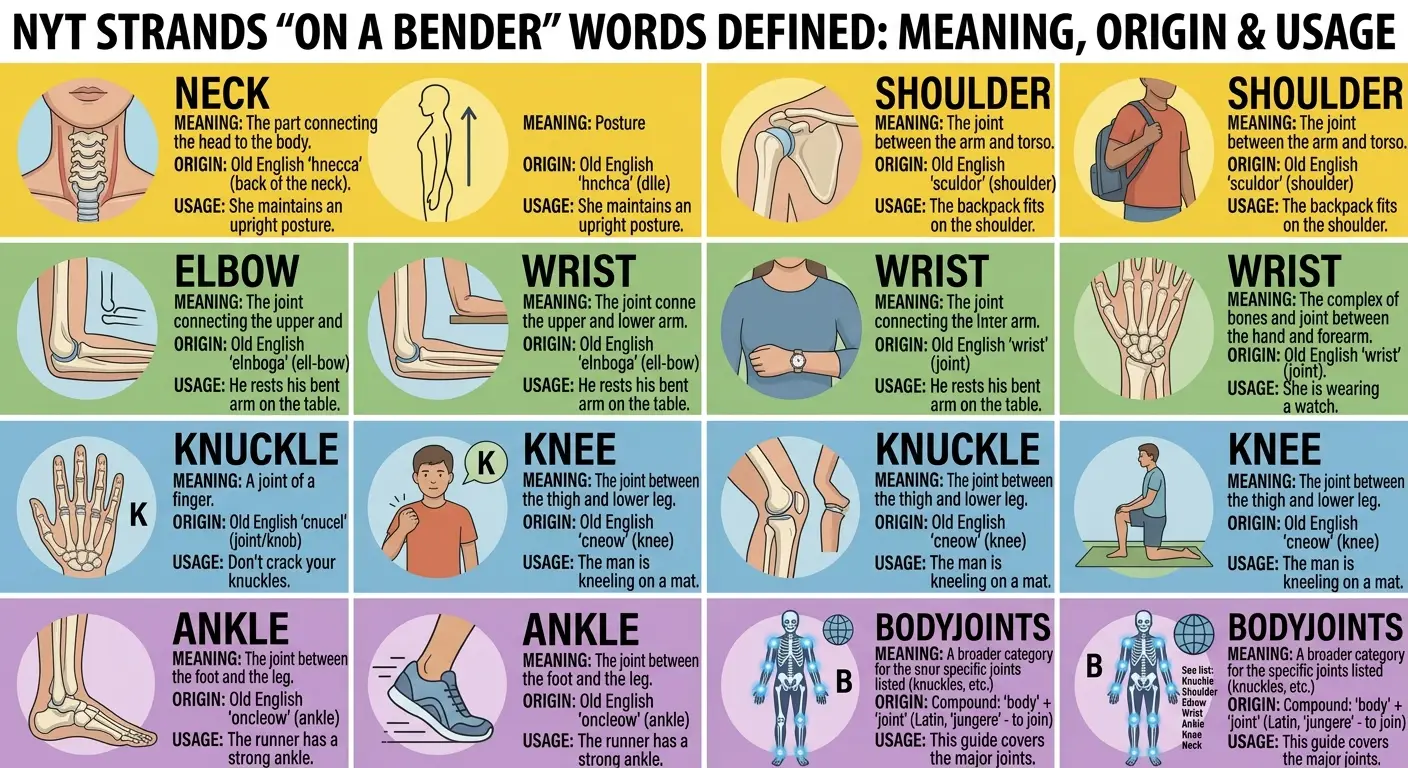 NYT Strands August 17 2026 — On a bender — word definitions for BODYJOINTS, KNUCKLE, SHOULDER, ELBOW, WRIST, ANKLE, KNEE, NECK